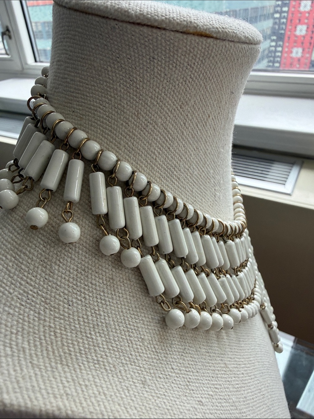 Vintage White Baguette & Round Bead Chandelier Bib Necklace with Extender. - Picture 3 of 4